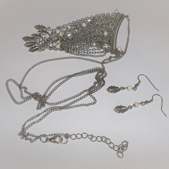 Feather Necklace & Earring Set Cream Silver Beaded Long Boho Style Fashion A641 - Picture 6 of 7